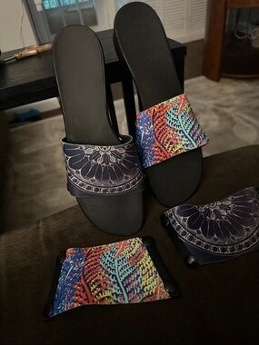 Women's Black Slide Sandals with Colorful Patterned Straps